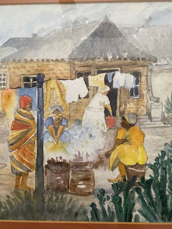 Original watercolour village life South Africa